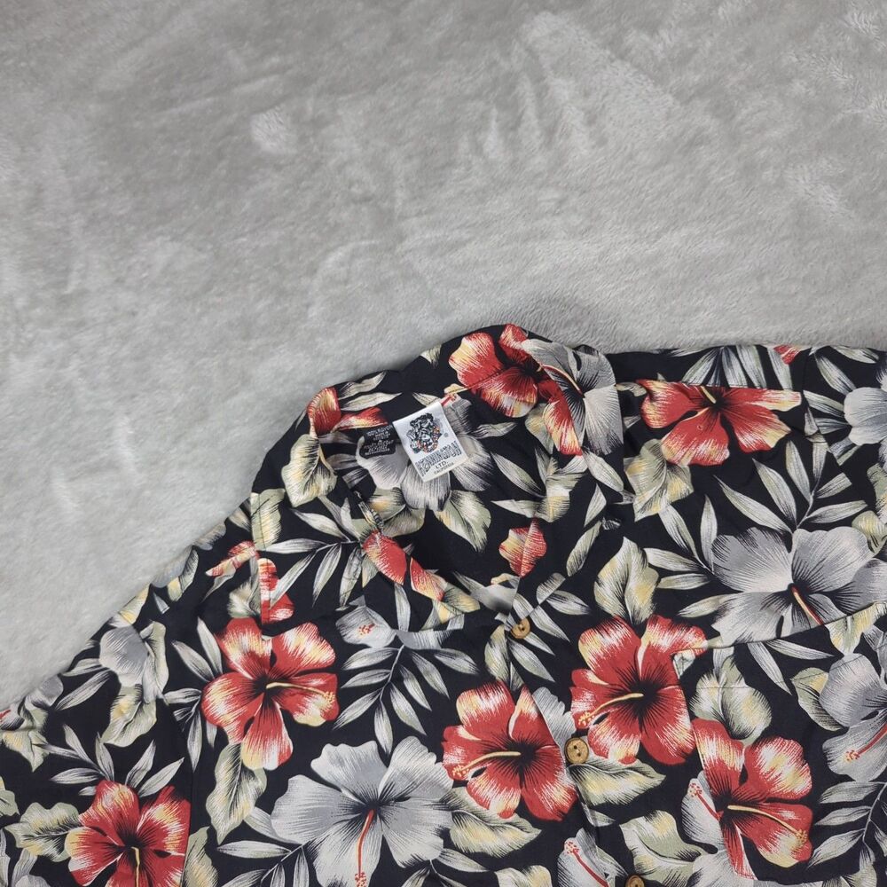 Vintage Kennington Hawaiian Shirt L Black Hula Girl Beach Back Graphic Rayon